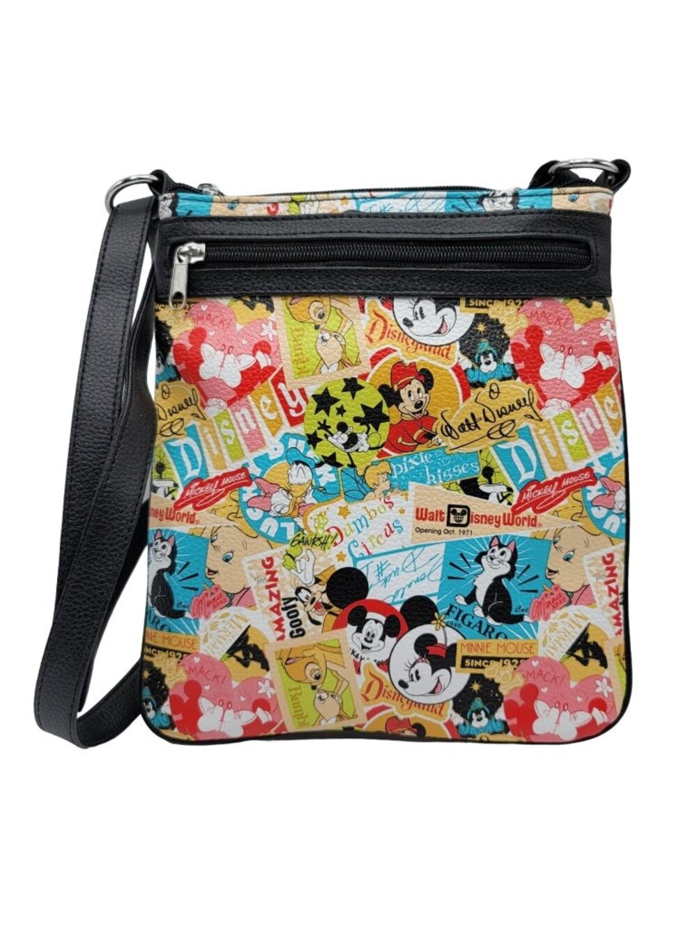 Disney Parks Retro Crossbody Bag Colorful Print Collage Characters Pebbled Zip